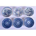 THREE 19TH CENTURY CHINESE BLUE AND WHITE BARBED SAUCERS together with three Qing saucers. Largest 1