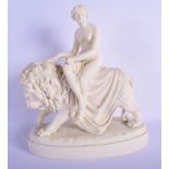 AN UNUSUAL ANTIQUE PARIAN WARE PORCELAIN FIGURE modelled as a female upon a lion. 24 cm x 18 cm.