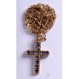 A 9CT GOLD NECKLACE WITH A SAPHIRE ENCRUSTED CRUCIFIX. Cross 2.5cm x 1.5cm, chain 48cm long, weight