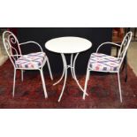 A metal garden table with two chairs with upholstered covers (3) 71 x 60 cm.