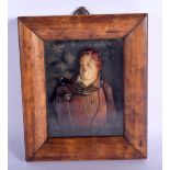A FRAMED 18TH/19TH CENTURY WAX PORTRAIT modelled as a handsome male. 17 cm x 15 cm.