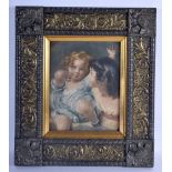 AN ANTIQUE ITALIAN FLORENTINE CARVED WOOD FRAME containing an engraving of children. 45 cm x 37 cm.