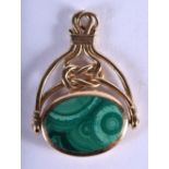 A 9CT GOLD AND MALACHITE SWIVEL PENDANT. 7.3 grams. 3.25 cm x 2.5 cm.