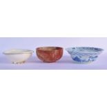 A 19TH CENTURY CHINESE CARVED SOAPSTONE BOWL together with a blue and white bowl & a white glazed Or