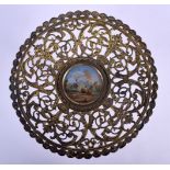 A 19TH CENTURY GILT METAL REVERSE GLASS INSET PEDESTAL TAZZA depicting Walmer Castle. 18 cm x 10 cm.