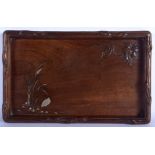 A FINE 19TH CENTURY JAPANESE MEIJI PERIOD SILVER INLAID WOOD TRAY in the manner of Chinkei, decorate
