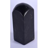 A 19TH CENTURY CHINESE CARVED BLACK JADE SEAL Qing, decorated with calligraphy. 5.5 cm x 2.5 cm.