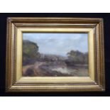 A framed 19th Century oil on canvas of a river bank scene by J. Lewis. 20 x 30cm