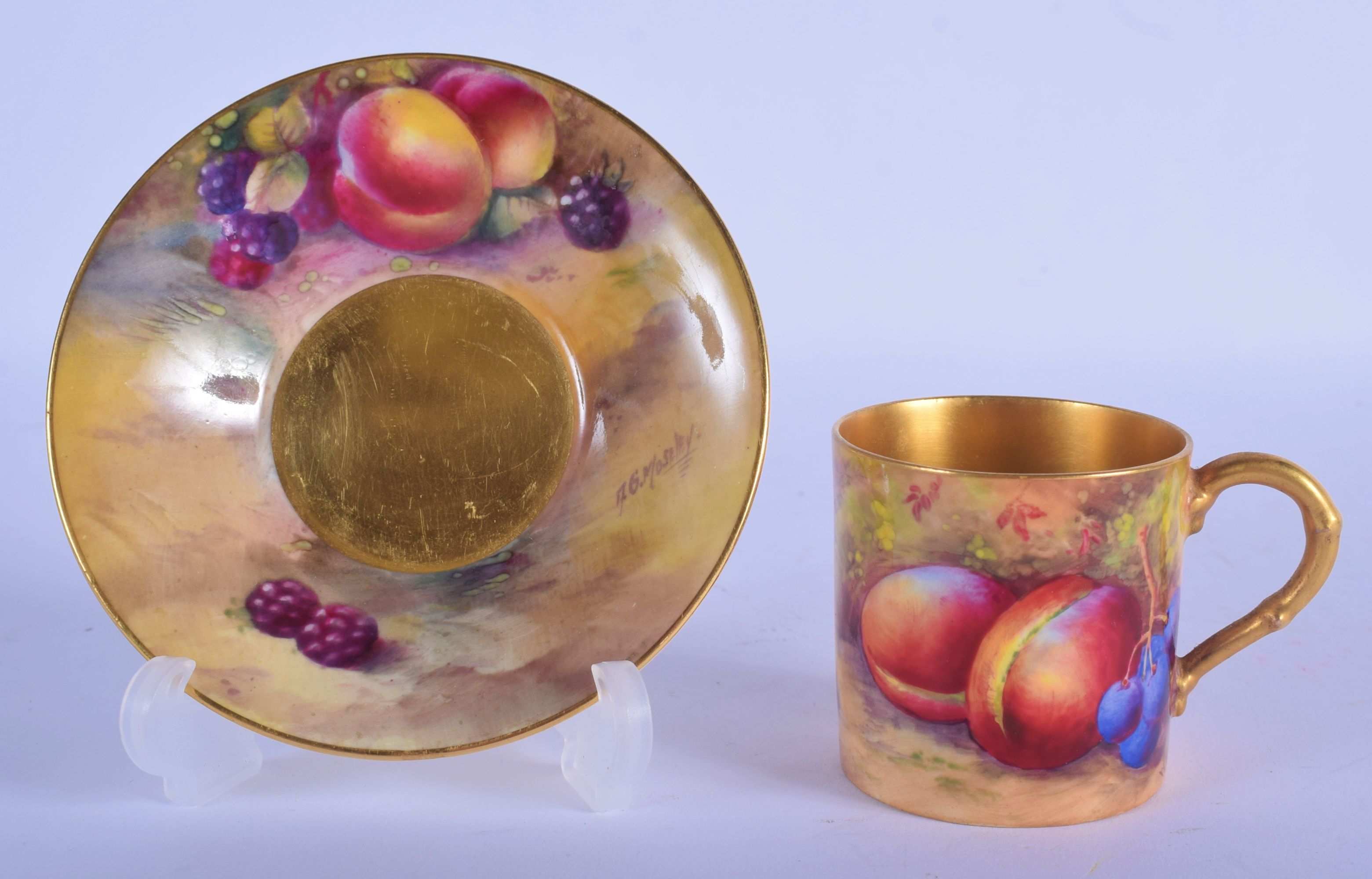 Royal Worcester coffee can and saucer painted with fruit by Moseley and Hale, date code 1928. Cup 5