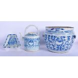 A 19TH CENTURY CHINESE BLUE AND WHITE PORCELAIN TEAPOT together with two others. Largest 13 cm x 13