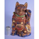 A LARGE JAPANESE TAISHO SATSUMA POTTERY CAT embellished in flowers. 48 cm x 20 cm.