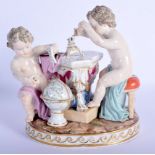 A 19TH CENTURY MEISSEN PORCELAIN FIGURE OF TWO PUTTI modelled beside an empire style table. 13 cm x