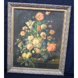 A framed oleograph on canvas of flowers by Ruysch 50 x 75cm.