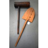 AN ANTIQUE FRENCH ASHWOOD GRAIN SHOVEL together with a good coopers mallet. Largest 90 cm ong. (2)