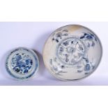 A LARGE 17TH/18TH CENTURY CHINESE BLUE AND WHITE DISH Ming/Qing, together with a smaller buddhistic