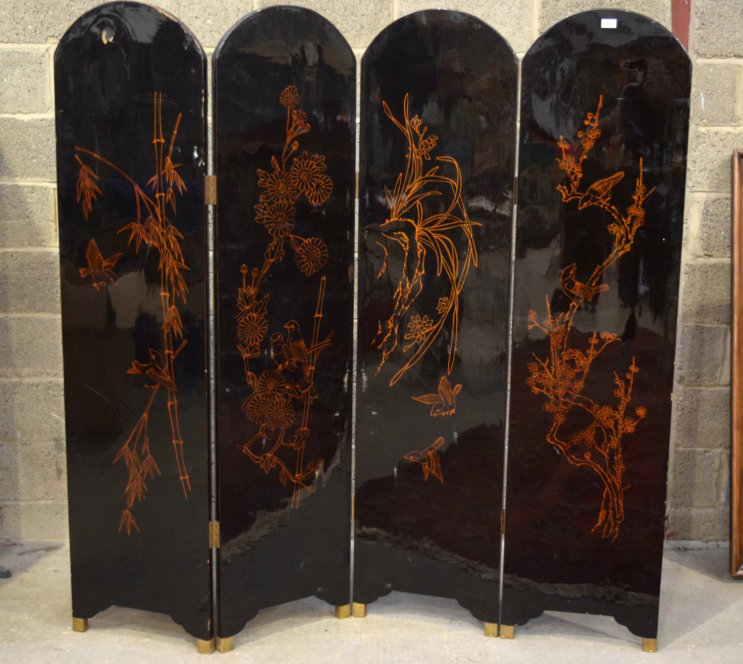 A LARGE JAPANESE BLACK LACQUERED FOUR FOLD SCREEN, decorated with ducks and foliage. Alongside a sma - Image 14 of 18