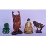 TWO EARLY 20TH CENTURY CHINESE HARDWOOD FIGURES together with a Satsuma figure & a tiki type pendant