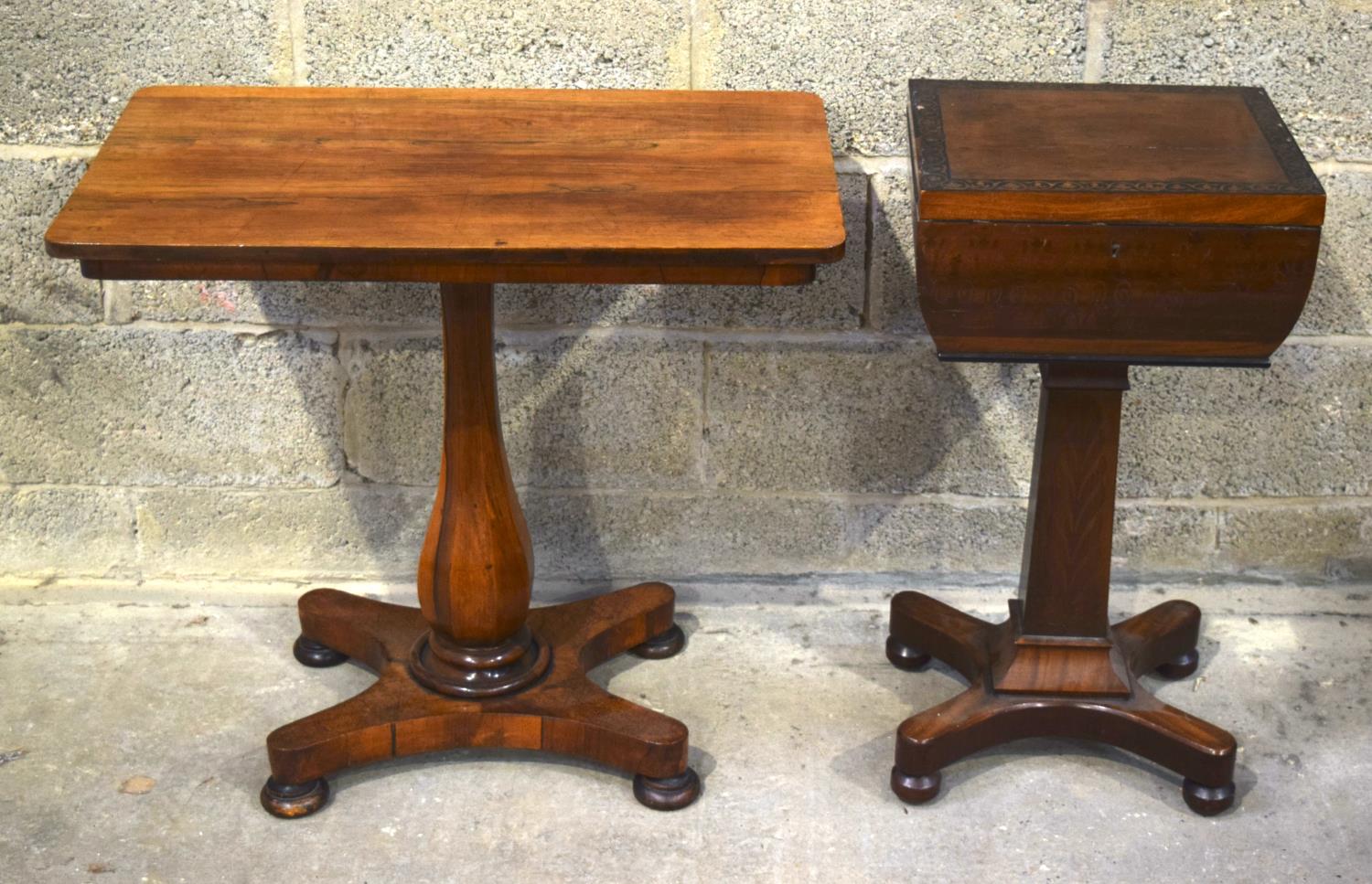 AN EARLY VICTORIAN SEWING BOX ON STAND with marquetry border, along with a small side table with a s