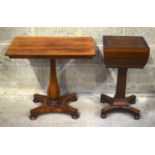 AN EARLY VICTORIAN SEWING BOX ON STAND with marquetry border, along with a small side table with a s