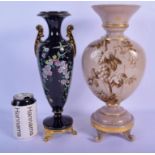 A LARGE 19TH CENTURY AESTHETIC MOVEMENT ENAMELLED GLASS VASE together with a similar opaline glass v