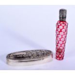 AN ANTIQUE SILVER AND CRANBERRY GLASS SCENT BOTTLE together with a silver box. 132 grams. Birmingham