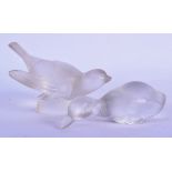 A FRENCH LALIQUE GLASS BIRD together with a baccarat duck. 13 cm x 9 cm. (2)