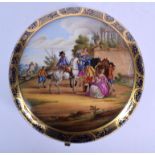A 19TH CENTURY DRESDEN BLUE GLAZED PORCELAIN BOX Meissen style, painted with figures within landsca