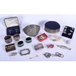 AN ANTIQUE SILVER SNUFF BOX together with a pin cushion etc. (qty)