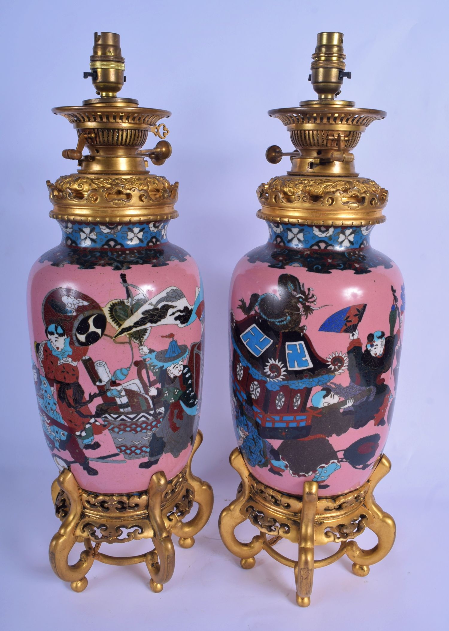 A LARGE PAIR OF 19TH CENTURY JAPANESE MEIJI PERIOD CLOISONNE ENAMEL VASES converted to oil lamps, de - Image 3 of 3