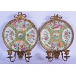 A PAIR OF 19TH CENTURY CHINESE COUNTRY HOUSE FAMILLE ROSE WALL SCONCES with French gilt bronze fitti