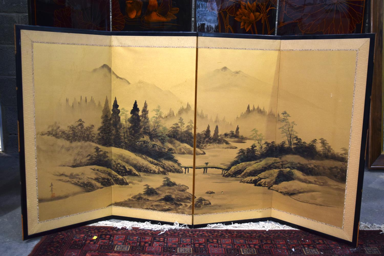 A LARGE JAPANESE BLACK LACQUERED FOUR FOLD SCREEN, decorated with ducks and foliage. Alongside a sma - Image 2 of 18