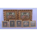 A PAIR OF ANTIQUE AUBUSSON TYPE FRAMED EMBROIDERIES together with five others. Largest 30 cm x 18 cm