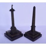 A PAIR OF 19TH CENTURY FRENCH BRONZE EGYPTIAN REVIVAL BRONZE GRAND TOUR OBELISKS upon marble bases.