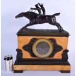 A VERY RARE 19TH CENTURY EUROPEAN SIENNA MARBLE AND BRONZE EQUESTRIAN CLOCK modelled with two jockey