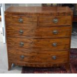 A GEORGE III BOW FRONTED VENEERED FIVE DRAWER CHEST OF DRAWERS. 107 x 107 x 57 cm.