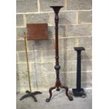 A LOVELY CHIPPENDALE STYLE TORCHERE, alongside a music stand and a slender black stand. Largest 156