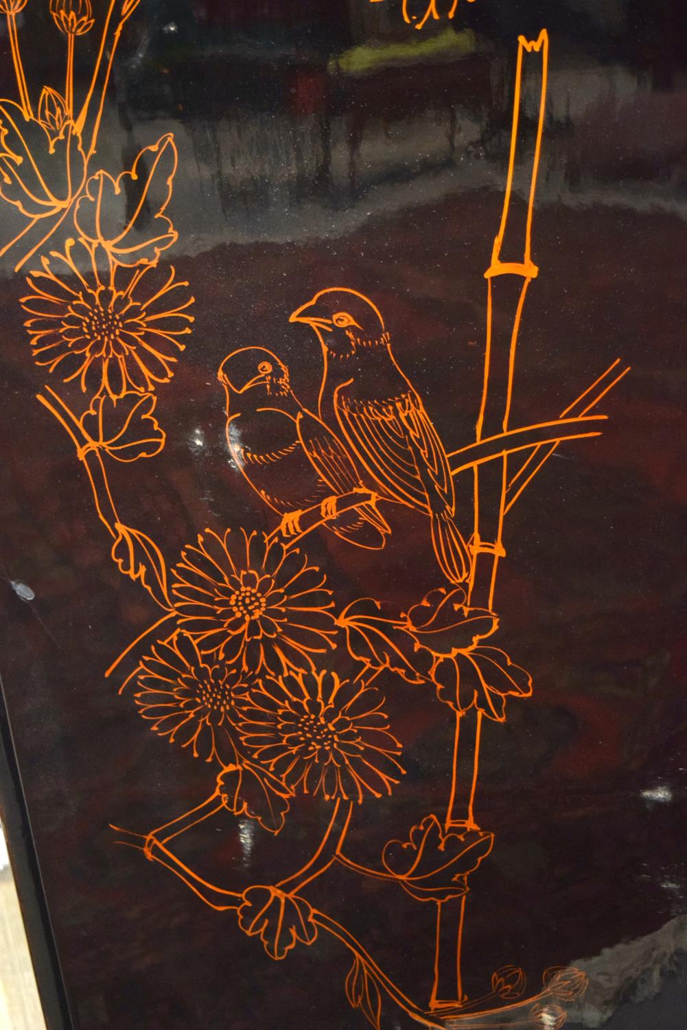 A LARGE JAPANESE BLACK LACQUERED FOUR FOLD SCREEN, decorated with ducks and foliage. Alongside a sma - Image 16 of 18