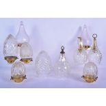TEN VINTAGE CUT GLASS AND BRASS LANTERN OR PENDANT LAMPS some with brass fittings. Largest 21 cm x 1