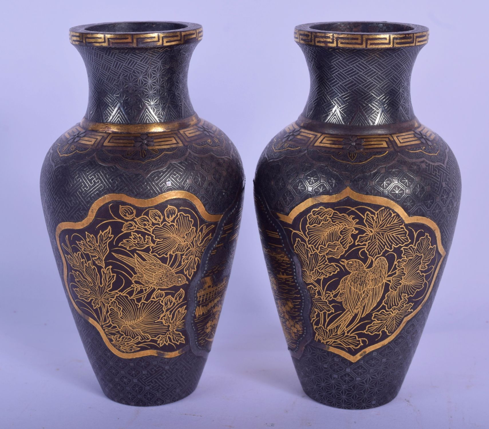 A LOVELY PAIR OF 19TH CENTURY MEIJI PERIOD GOLD AND SILVER INLAID KOMAI VASES decorated with birds a