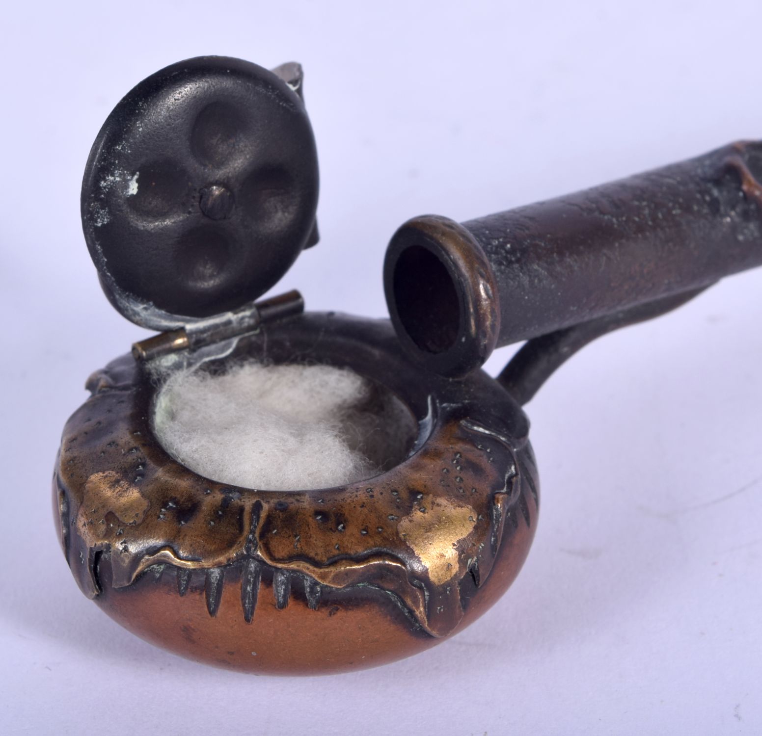 A 19TH CENTURY JAPANESE MEIJI PERIOD MIXED METAL TRAVELLING INKWELL of naturalistic form, with pumpk - Image 4 of 5