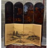 A LARGE JAPANESE BLACK LACQUERED FOUR FOLD SCREEN, decorated with ducks and foliage. Alongside a sma