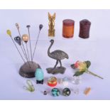 A VINTAGE FIGURE OF AN OSTRICH together with hat pins etc. (qty)