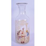 AN UNUSUAL ANTIQUE ENAMELLED GLASS CIDER ADVERTISING GLASS DECANTER decorated with figures. 25 cm hi