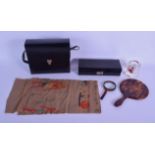A VINTAGE TRAVELLING LEATHER CASED COCKTAIL SET together with a vanity kit etc. (qty)