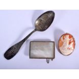 A VINTAGE CHINESE MOTHER OF PEARL BROOCH etc. 57 grams overall. Largest 14 cm long. (3)