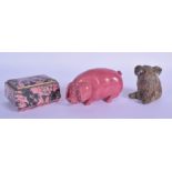 AN UNUSUAL EARLY 20TH CENTURY RUSSIAN CARVED RHODONITE FIGURE OF A PIG together with a similar box.