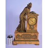 A LARGE EARLY 19TH CENTURY FRENCH SIENNA MARBLE AND BRONZE MANTEL CLOCK overlaid with acanthus and f