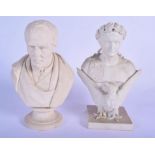 AN ANTIQUE ENERET PARIAN WARE BUST OF A MALE AND BIRD together with a similar bust entitled Joseph P
