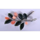 A VINTAGE WHITE GOLD JADE AND CORAL FLOWER BROOCH. 13 grams. 6.25 cm x 3.5 cm.