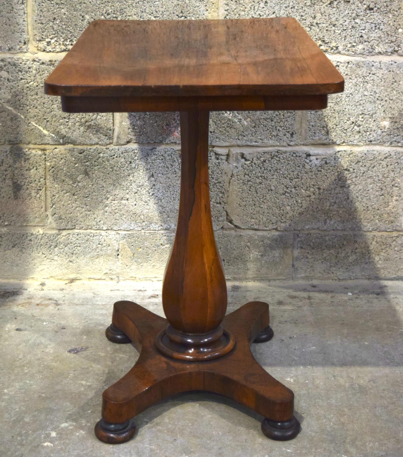 AN EARLY VICTORIAN SEWING BOX ON STAND with marquetry border, along with a small side table with a s - Image 2 of 4